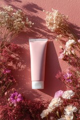 Minimalistic Beauty Concept Featuring a Tube of Cream Surrounded by Dried Flowers on Soft Background