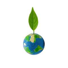 Sustainable Earth Green Leaf Sprouting from Globe Symbolizing Environmental Growth and Care