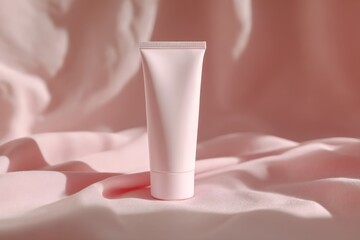 Pink Cosmetic Tube on Soft Elegant Fabric in Gentle Lighting