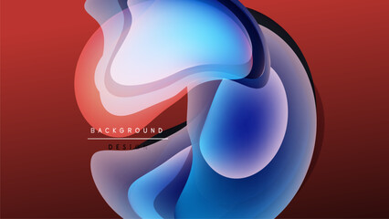 Abstract fluid shapes overlap, creating vibrant color gradients. Red, blue, white hues blend against dark background. Modern design element.