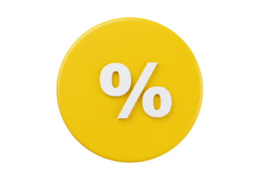 Percentage sign PNG isolated on yellow circle, discount symbol for sales and promotions on transparent background