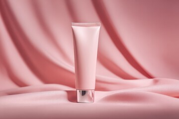Pink Cosmetic Tube on Soft Elegant Fabric in Gentle Lighting