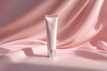Pink Cosmetic Tube on Soft Elegant Fabric in Gentle Lighting