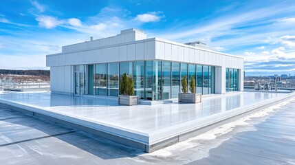 White Industrial Rooftop Building with Glass Walls Under Blue Sky in Daytime Cinematic HDR View, Architectural Minimalism and Urban Scenery for Design Inspiration
