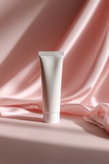 Pink Cosmetic Tube on Soft Elegant Fabric in Gentle Lighting