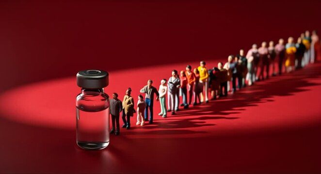 Tiny figures in line awaiting vaccination from a vial on a vibrant red background.