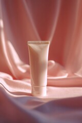 Pink Cosmetic Tube on Soft Elegant Fabric in Gentle Lighting
