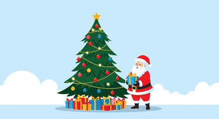 Santa Claus places a gift under the decorated christmas tree.