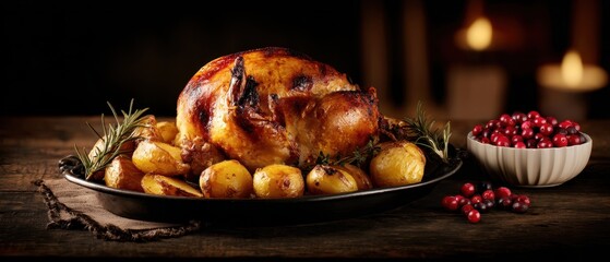 The beautifully roasted turkey accompanied by golden potatoes and fresh herbs.