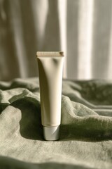 Minimalist Presentation of a Moisturizer Tube on Green Fabric