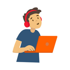 A boy with headphones sitting at laptop. Ideal for education, gaming, freelance, and digital work themes. Minimalist flat style, modern and colorful design.