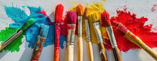 The collection of vibrant paintbrushes on a colorful paint palette.