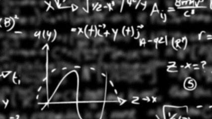 A continuous stream of complex, handwritten math formulas and equations seamlessly floats and moves across a black background, perfect for any academic or scientific visual concept. - Powered by Adobe