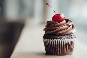Exquisite Chocolate Cupcake Topped with Cherry in Soft Natural Indoor Light