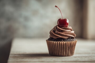 Exquisite Chocolate Cupcake Topped with Cherry in Soft Natural Indoor Light
