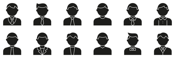 Male Avatar Icon with Office Outfits and Casual Profiles Solid Icon Set. Business Character Symbols for Identity, Contact and Team Interface Silhouette Icon. Isolated Vector Illustration