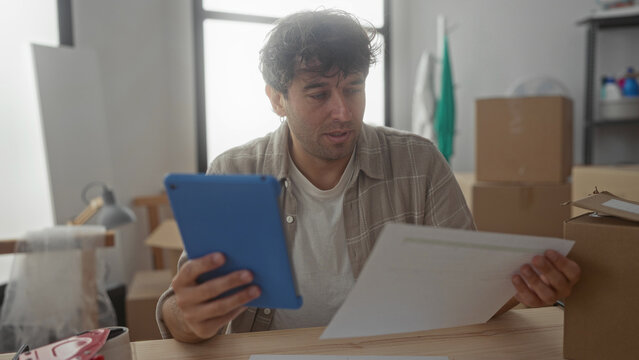 Hispanic man using tablet in new home surrounded by cardboard boxes reflects on his plans with a focus on the screen and a relaxed demeanor.
