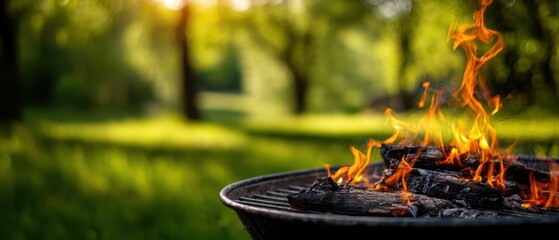 The vibrant flames dancing above the grill in a lush green setting.