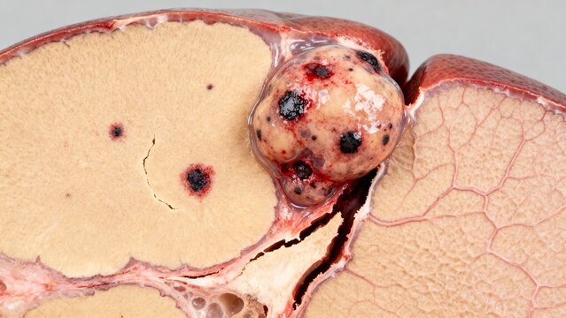 A highly realistic and accurate medical image of a primary liver carcinoma, clearly showing the hepatoblastoma envelope.