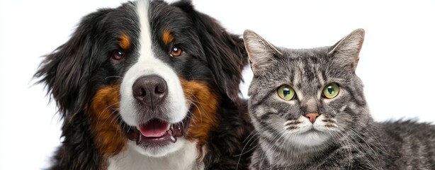 The delightful companionship of a dog and cat in a studio setting.