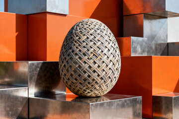 Woven egg sculpture in geometric background