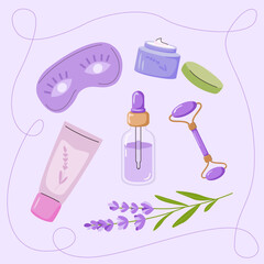 Flat illustration of skincare cosmetics set and spa treatments with lavender. Self-care with medicinal flowers, face cream, serum, massage roller, sleeping mask, tonic, lavender sprig.