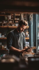 Focused Small Business Owner Using Tablet in Rustic Shop Setting