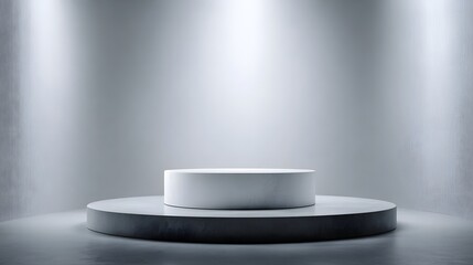 Fototapeta premium A minimalist two tiered circular podium stands on a clean studio floor under soft spotlights awaiting product display