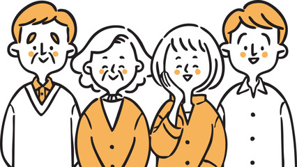 笑顔の二世帯家族　上半身　ベクター（オレンジ）
