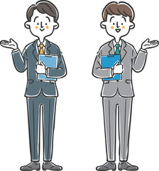 ファイルを持ち案内をするビジネスマン　全身　ベクター
