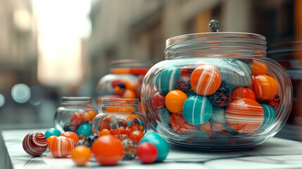 Bright, colorful candies in glass jars create a joyful display. Sweet treats offer a vibrant, appealing snack option.