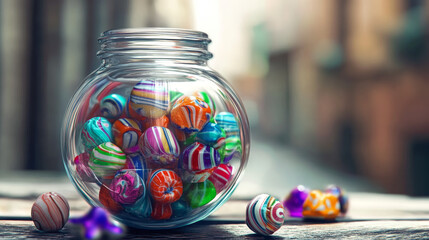 Vibrant, handcrafted candies fill a clear glass jar on a rustic wooden surface. Sweet colorful treats evoke fun, childhood, and delightful indulgence.