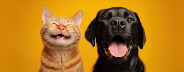 The joyful companionship of a cat and a dog against a vibrant yellow background.