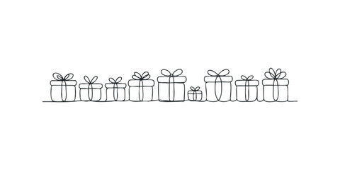 Line drawing of multiple gift boxes in a row