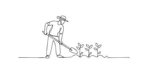 Person digging soil with shovel near seedling sprouts