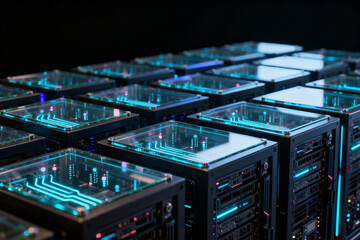 Rows of illuminated server units