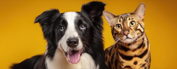 The charming companionship of a dog and a cat on a bright background.