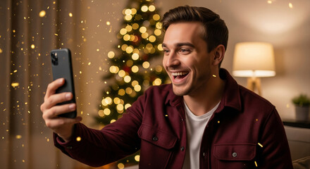 Cheerful man having a festive christmas video call on a smartphone with golden confetti in a realistic photo style