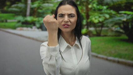 Fototapeta premium Woman in white shirt expressing strong emotions in a lush green park, showcasing powerful anger and determination with a defiant clenched fist in an outdoor setting.