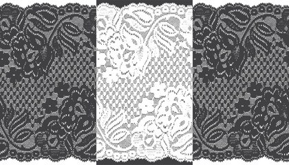 A wide lace trim featuring a large floral pattern, presented in two colorways