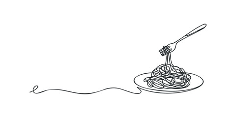 Continuous line drawing of spaghetti with fork on plate