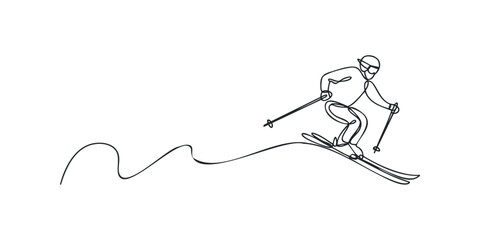 One Line Drawing of Skier Descending Snowy Slope