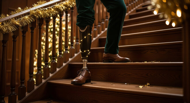 Man with a prosthetic leg decorated with festive lights on a staircase during a christmas party in a realistic photo style