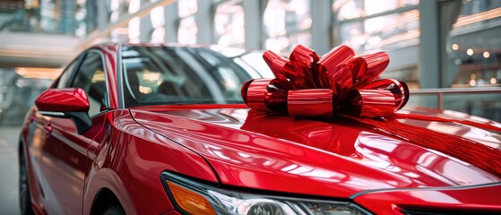 The red car adorned with a beautiful bow in a modern showroom setting.