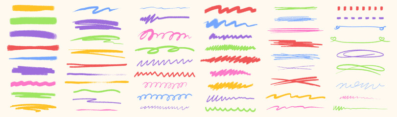Obraz premium Colorful crayon stripe set with hand drawn rainbow marks and playful scribbles for children artwork. brush textures with wavy, zigzag and straight patterns for school or creative educational materials