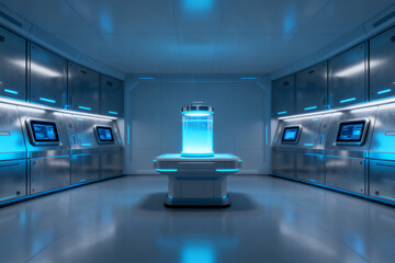 Futuristic laboratory with glowing container