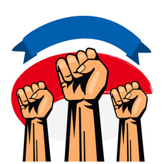 Hand holding red ribbon and red paper cartoon vector illustration symbol of power and protest