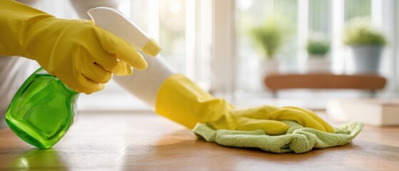 The effective cleaning process with spray and cloth for a spotless home.