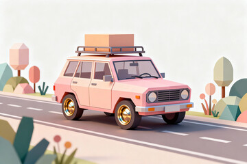 Pink car with box on roof traveling
