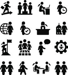 black silhouette icons of women in professional roles, teamwork, leadership, global engagement, career development, vector symbols, minimal design